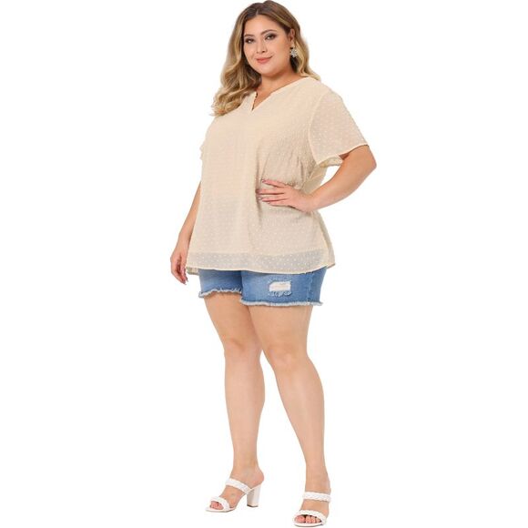 Women's Plus Size Blouses Pin Dots Round Neck Basic Top Beige - Picture 3 of 6